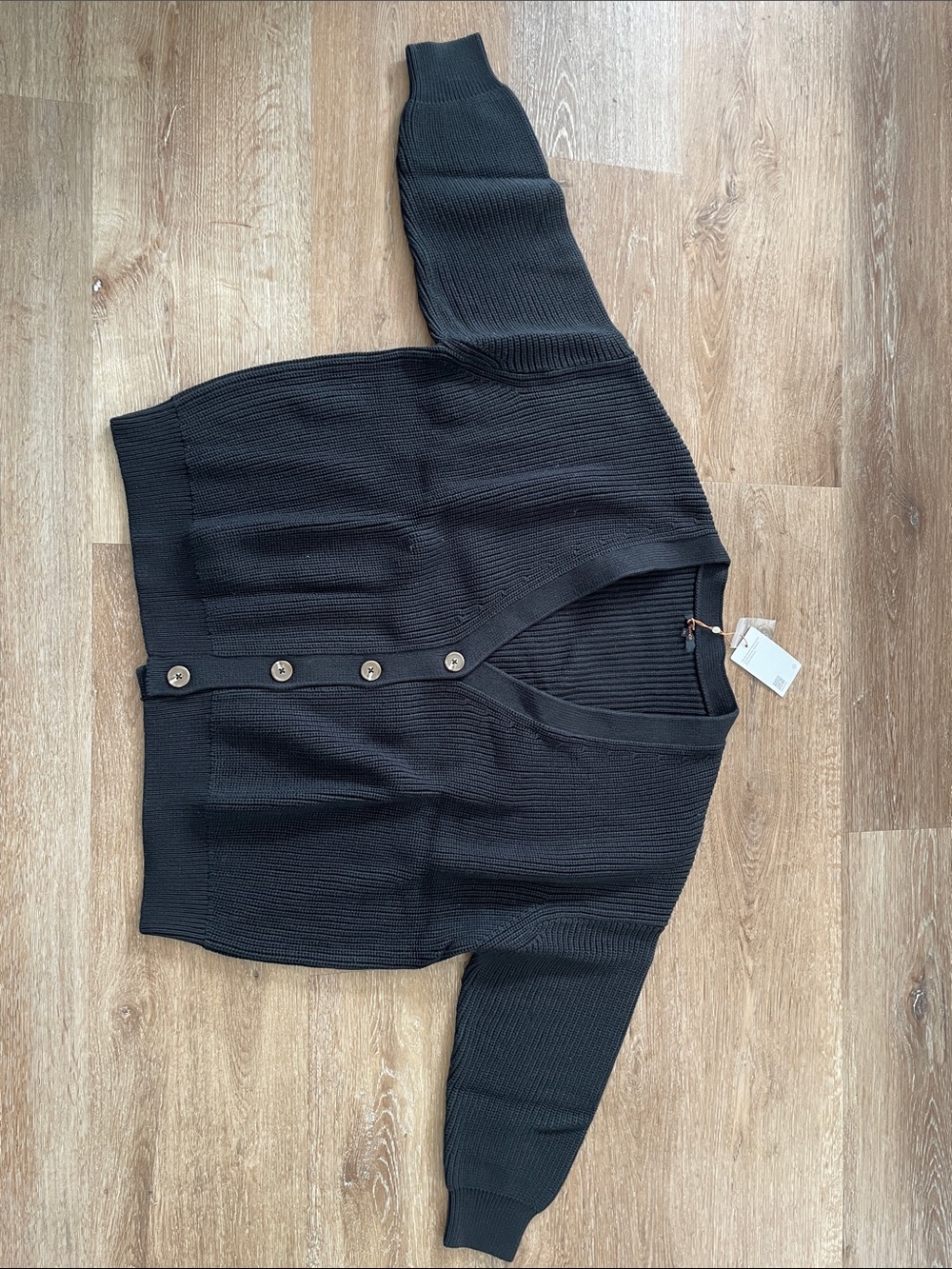 Quince Black Ribbed V-Neck Button-Up Cardigan